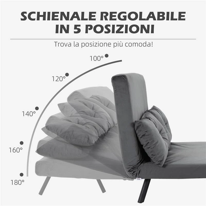 DIVANO LETTO 3 IN 1 IN TESSUTO EFFETTO VELLUTO CON SCHIENALE REGOLABILE E 2 CUSCINI M102X73X81 CM GRIGIO SCURO - Image 6