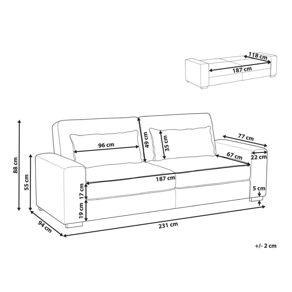 Divano letto bianco rivestito in tessuto con gambe in plastica a 3 posti con cuscini e meccanismo letto Click-Clack. Per soggiorno e camera da letto. - Image 3