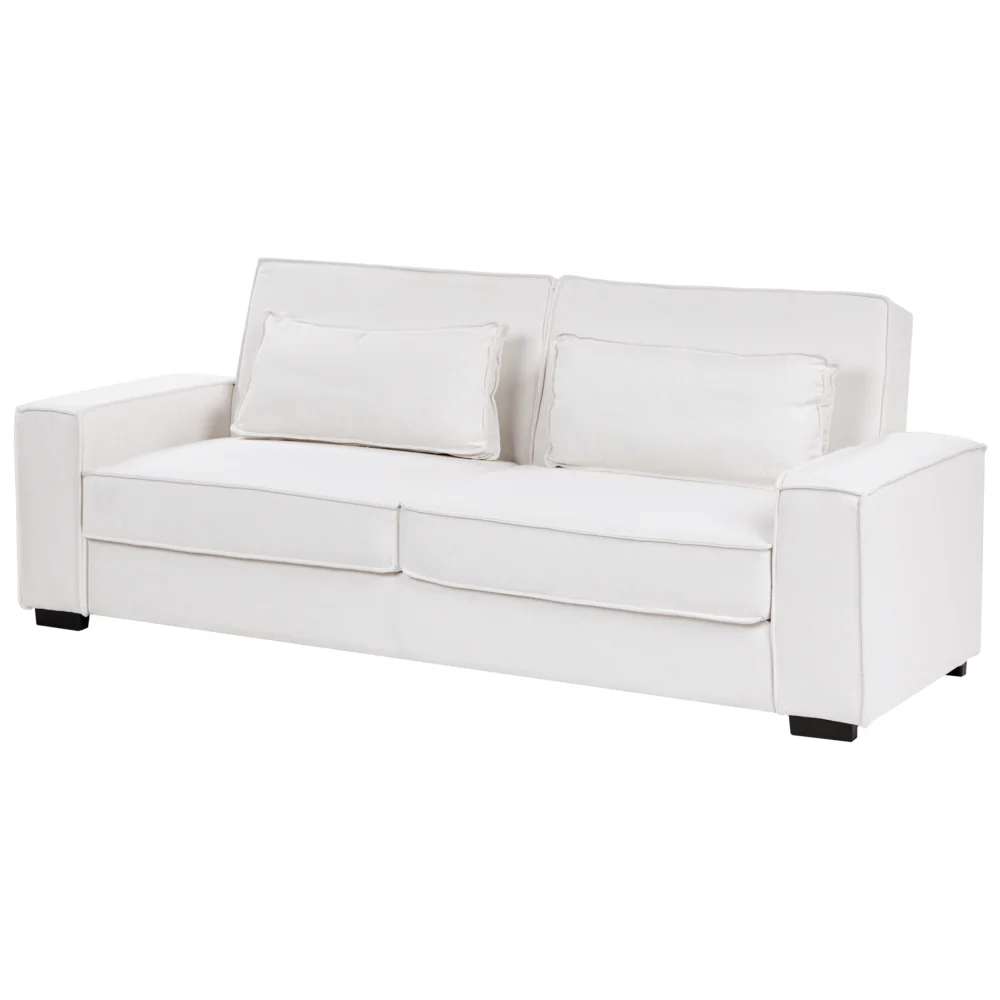 Divano letto bianco rivestito in tessuto con gambe in plastica a 3 posti con cuscini e meccanismo letto Click-Clack. Per soggiorno e camera da letto. - Image 4