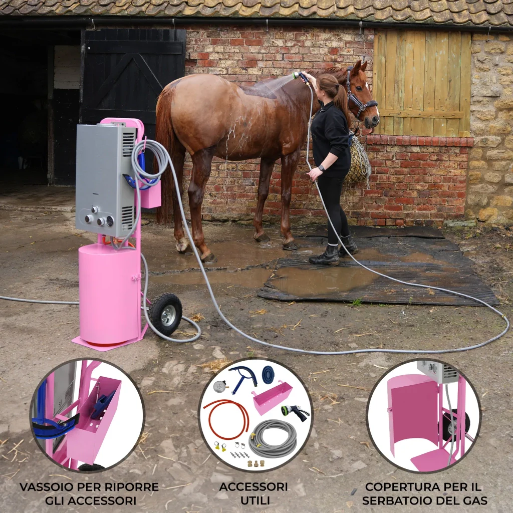 Doccia portatile per cavalli con carrello rosa, serbatoio 18L, tubo 10m. - Image 2