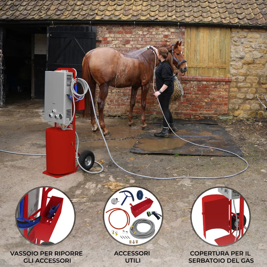 Doccia portatile per cavalli con carrello rosso, serbatoio 18L, tubo 10m. - Image 2
