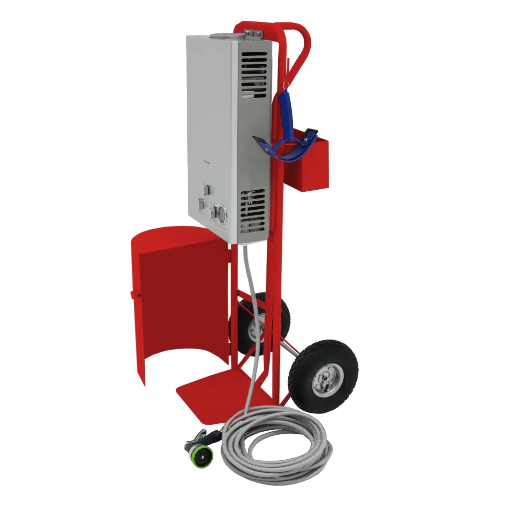 Doccia portatile per cavalli con carrello rosso, serbatoio 18L, tubo 10m. - Image 9