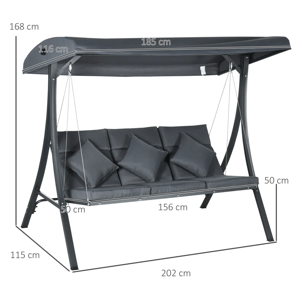Dondolo da Giardino 3 Posti 202x115x168 cm con Tettuccio Regolabile in Acciaio e Poliestere Grigio Scuro - Image 3
