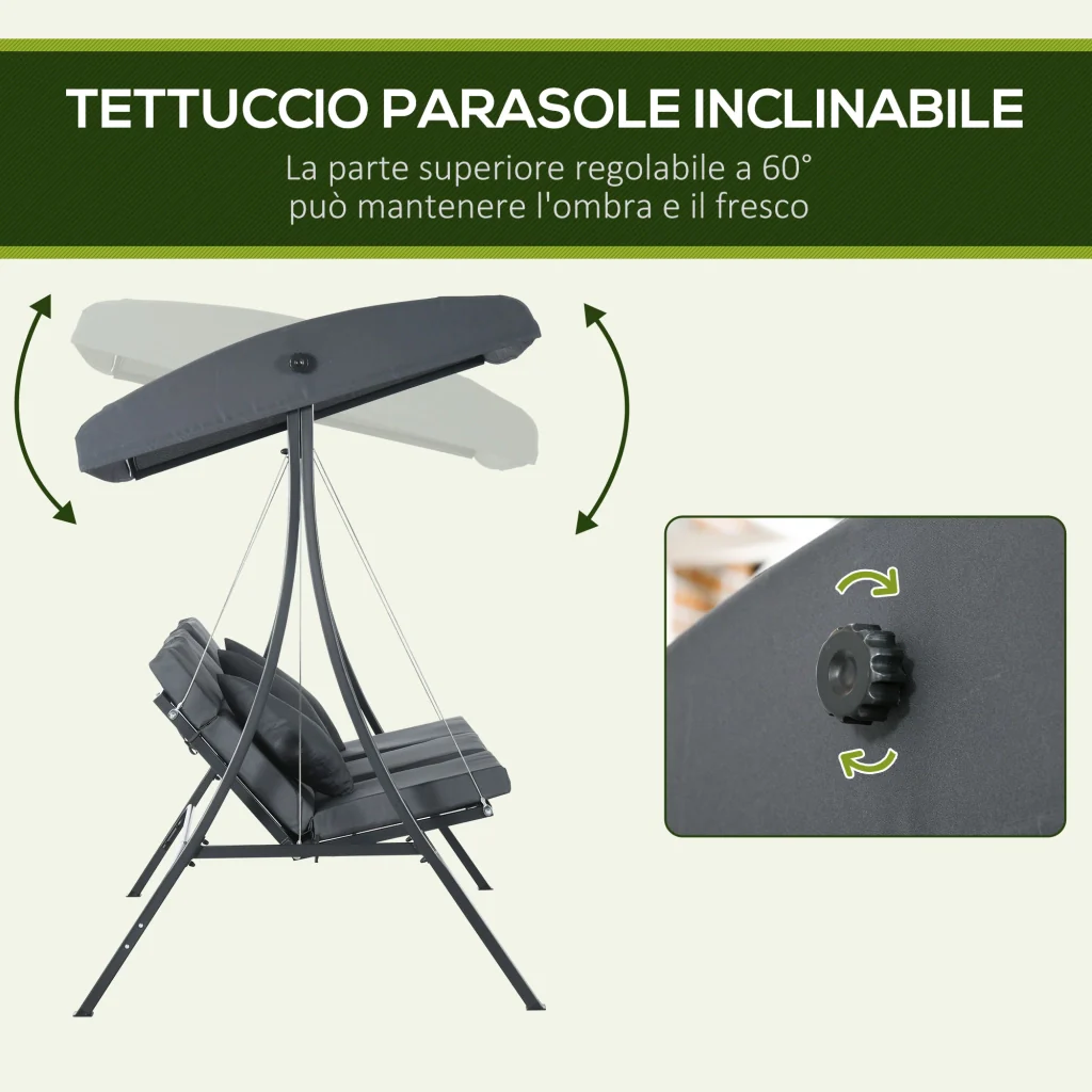 Dondolo da Giardino 3 Posti 202x115x168 cm con Tettuccio Regolabile in Acciaio e Poliestere Grigio Scuro - Image 5