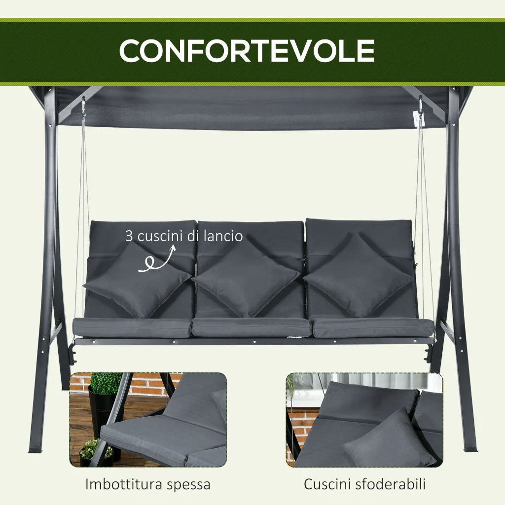Dondolo da Giardino 3 Posti 202x115x168 cm con Tettuccio Regolabile in Acciaio e Poliestere Grigio Scuro - Image 6