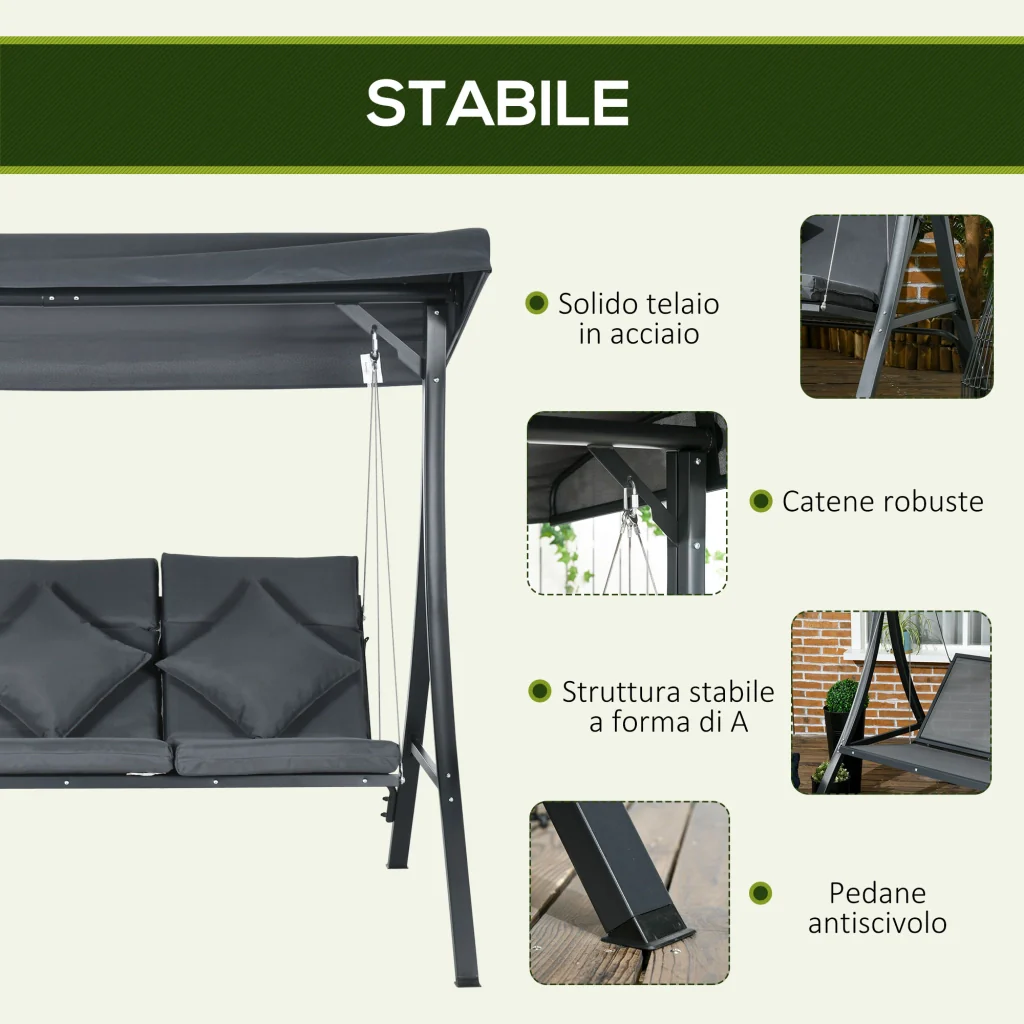 Dondolo da Giardino 3 Posti 202x115x168 cm con Tettuccio Regolabile in Acciaio e Poliestere Grigio Scuro - Image 7