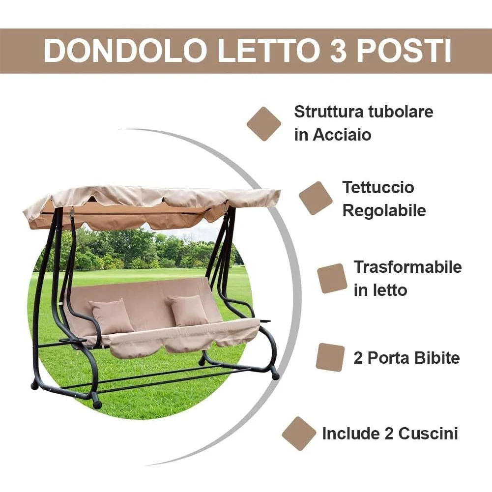 Dondolo Letto da Giardino 3 Posti Tetto Reclinabile Cuscini Beige 200x126x170 cm - Image 4