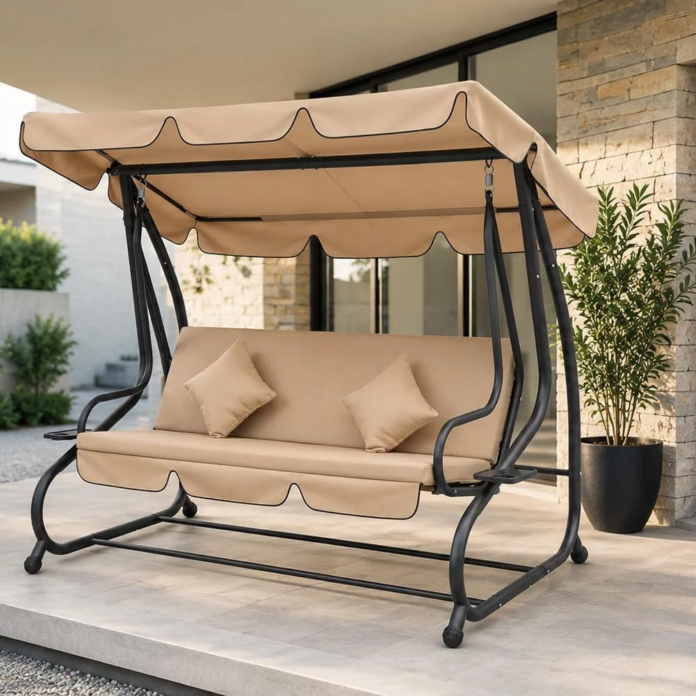 Dondolo Letto da Giardino 3 Posti Tetto Reclinabile Cuscini Beige 200x126x170 cm - Image 5