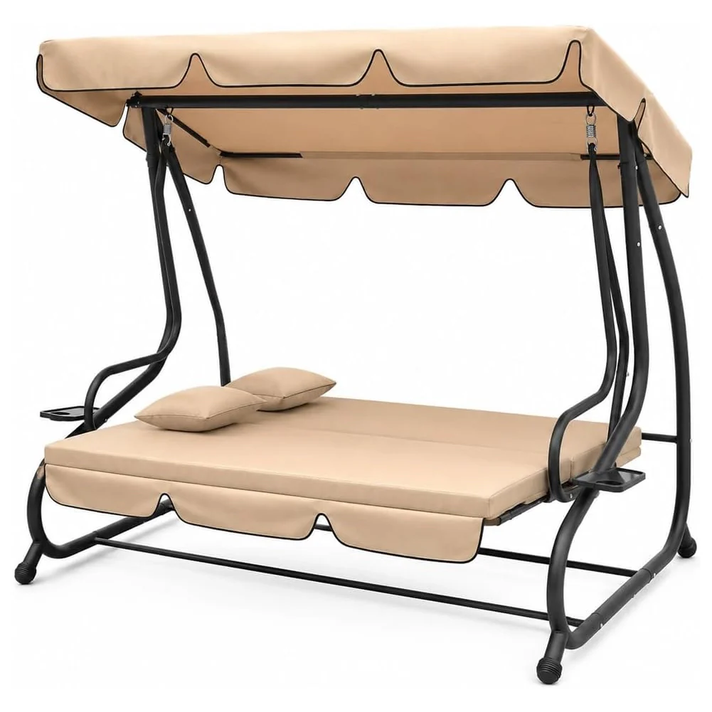 Dondolo Letto da Giardino 3 Posti Tetto Reclinabile Cuscini Beige 200x126x170 cm - Image 6