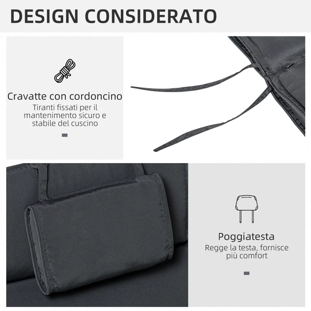 EasyComfort Cuscino per Sdraio Lettino Prendisole da Giardino Grigio 198x53x5cm - Image 5