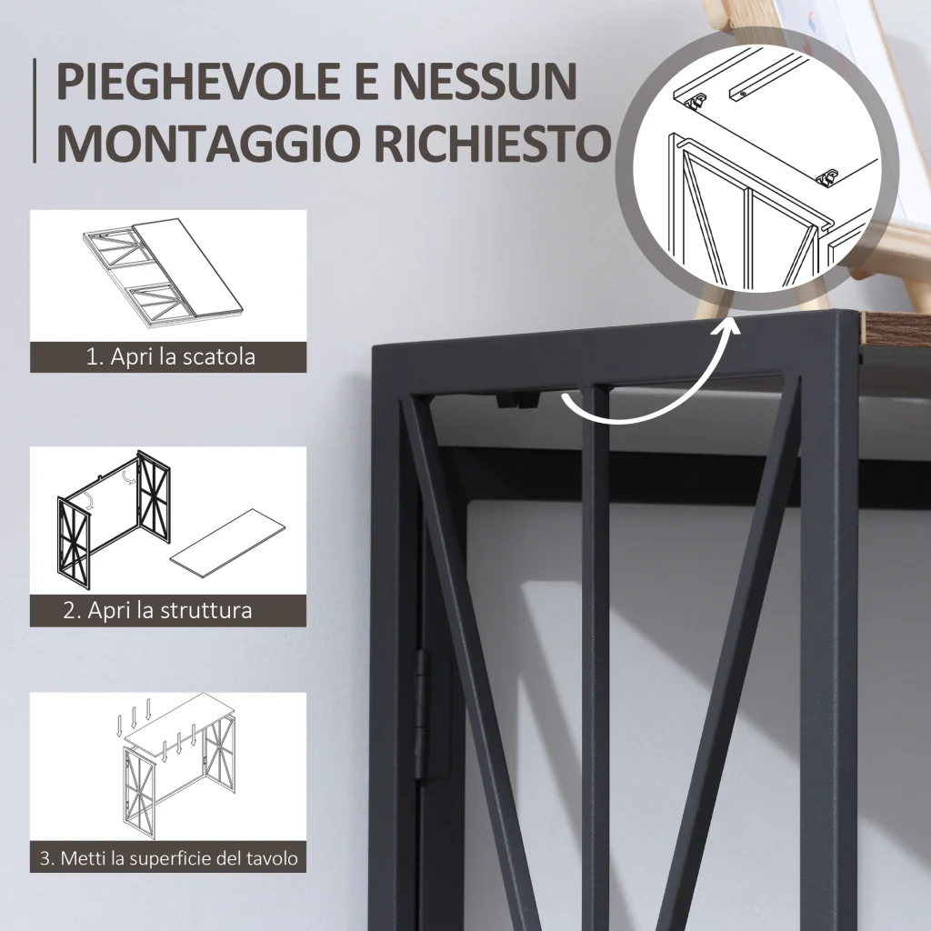Easycomfort Tavolo Consolle da Ingresso Stile Industriale Pieghevole in Legno e Metallo, 100x38x80cm, Marrone - Image 6