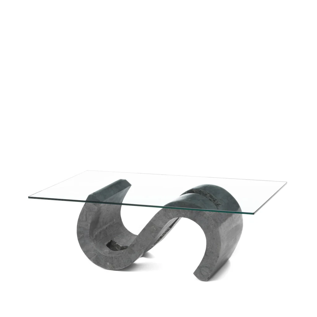 Tavolino Flexus con base in pietra fossile Gray Stone e top in vetro temperato 10mm - Stones