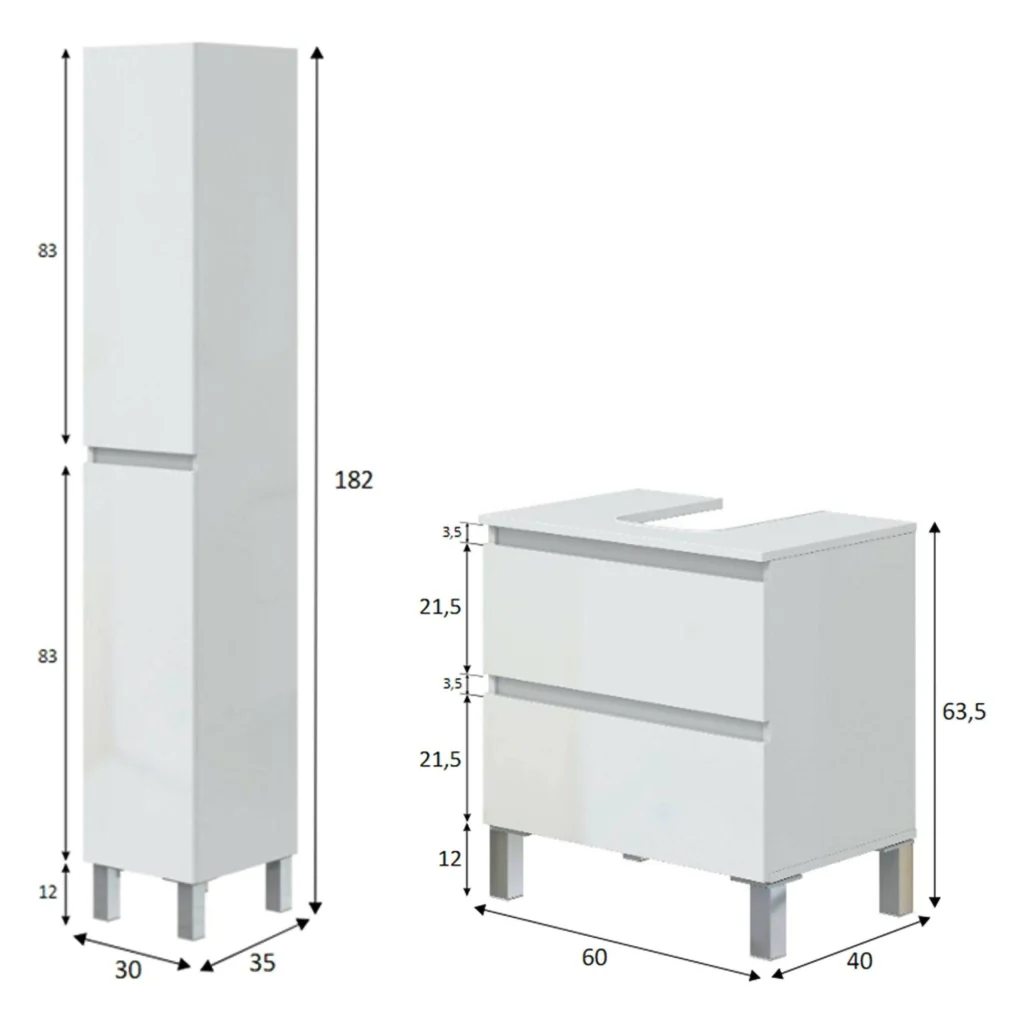 Formello, set Mobili Bagno 2 Cassetti, Bianco Lucido - Image 3