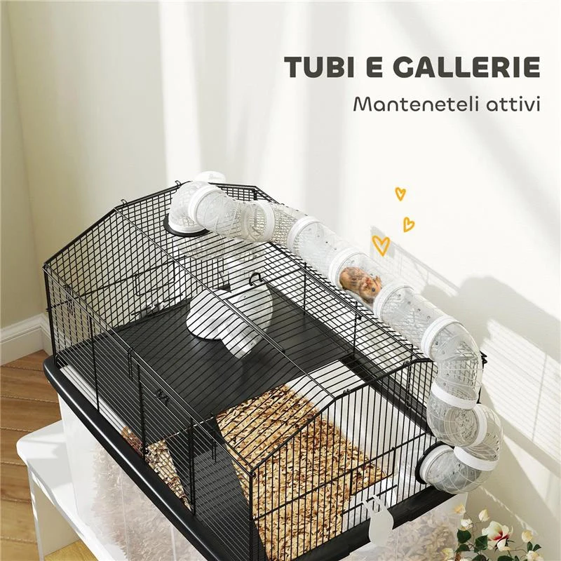 GABBIA PER CRICETI A 2 PIANI CON RUOTE TUBI CIOTOLA BOTTIGLIA E RAMPA 58X43X57 CM NERO - Image 3