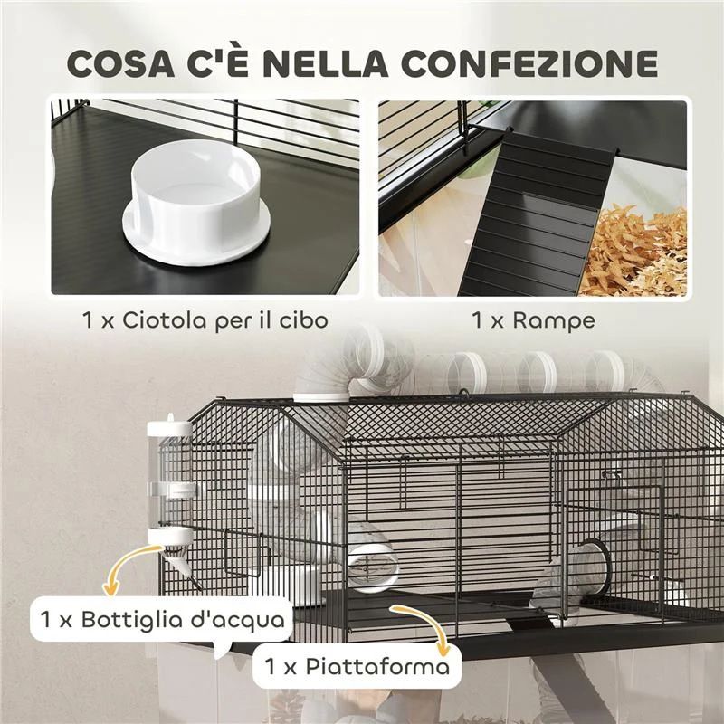 GABBIA PER CRICETI A 2 PIANI CON RUOTE TUBI CIOTOLA BOTTIGLIA E RAMPA 58X43X57 CM NERO - Image 4