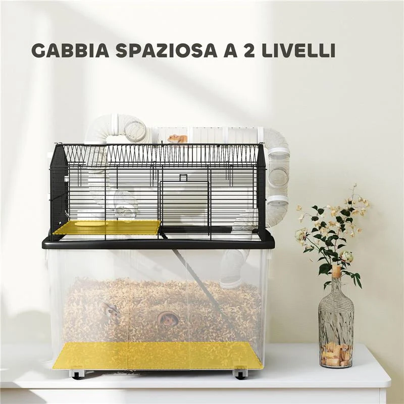 GABBIA PER CRICETI A 2 PIANI CON RUOTE TUBI CIOTOLA BOTTIGLIA E RAMPA 58X43X57 CM NERO - Image 6