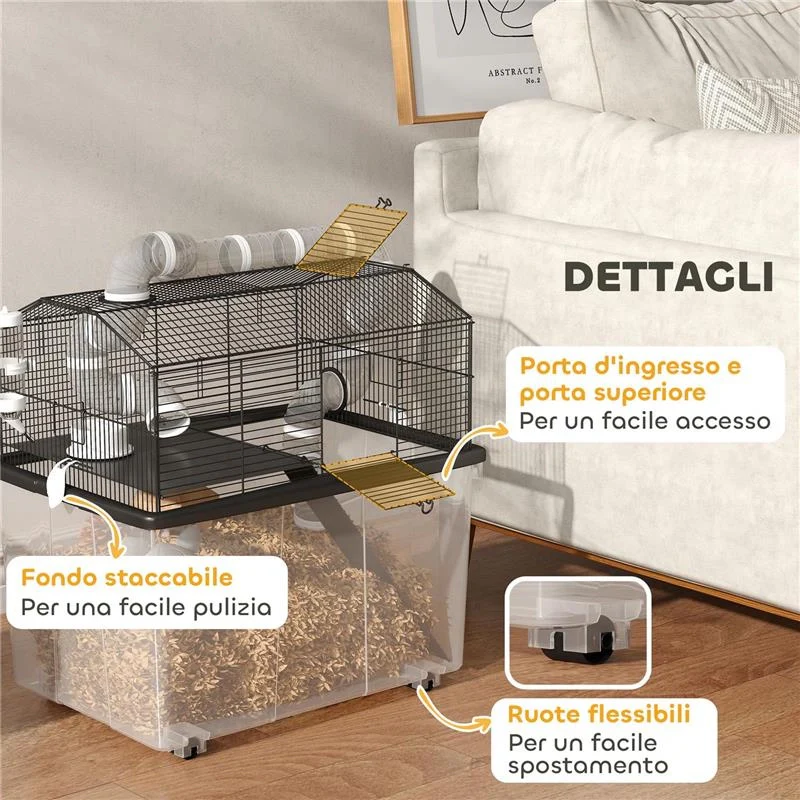 GABBIA PER CRICETI A 2 PIANI CON RUOTE TUBI CIOTOLA BOTTIGLIA E RAMPA 58X43X57 CM NERO - Image 8