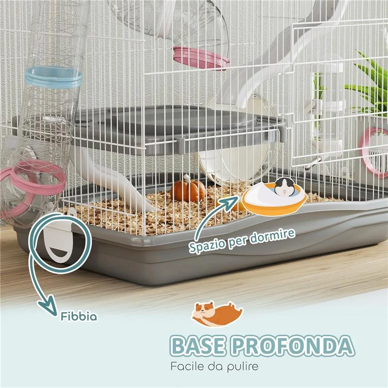 GABBIA PER CRICETI A 3 LIVELLI E 14 TUBI CON CASETTA, RAMPA, E ACCESSORI, IN METALLO E PLASTICA, 45X30X45 CM, GRIGIO - Image 4