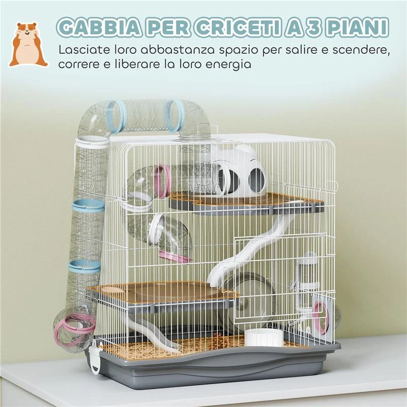 GABBIA PER CRICETI A 3 LIVELLI E 14 TUBI CON CASETTA, RAMPA, E ACCESSORI, IN METALLO E PLASTICA, 45X30X45 CM, GRIGIO - Image 6