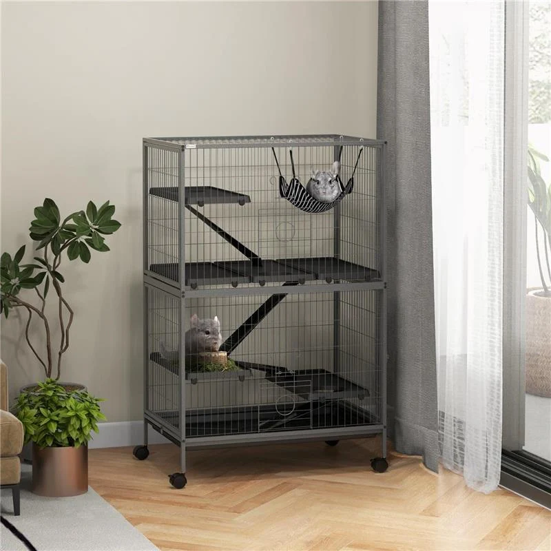 GABBIA PER RODITORI CON 4 INGRESSI A LIVELLI MULTIPLI CON AMACA, IN METALLO E PP, 80X52X128 CM, ARGENTO E GRIGIO - Image 3