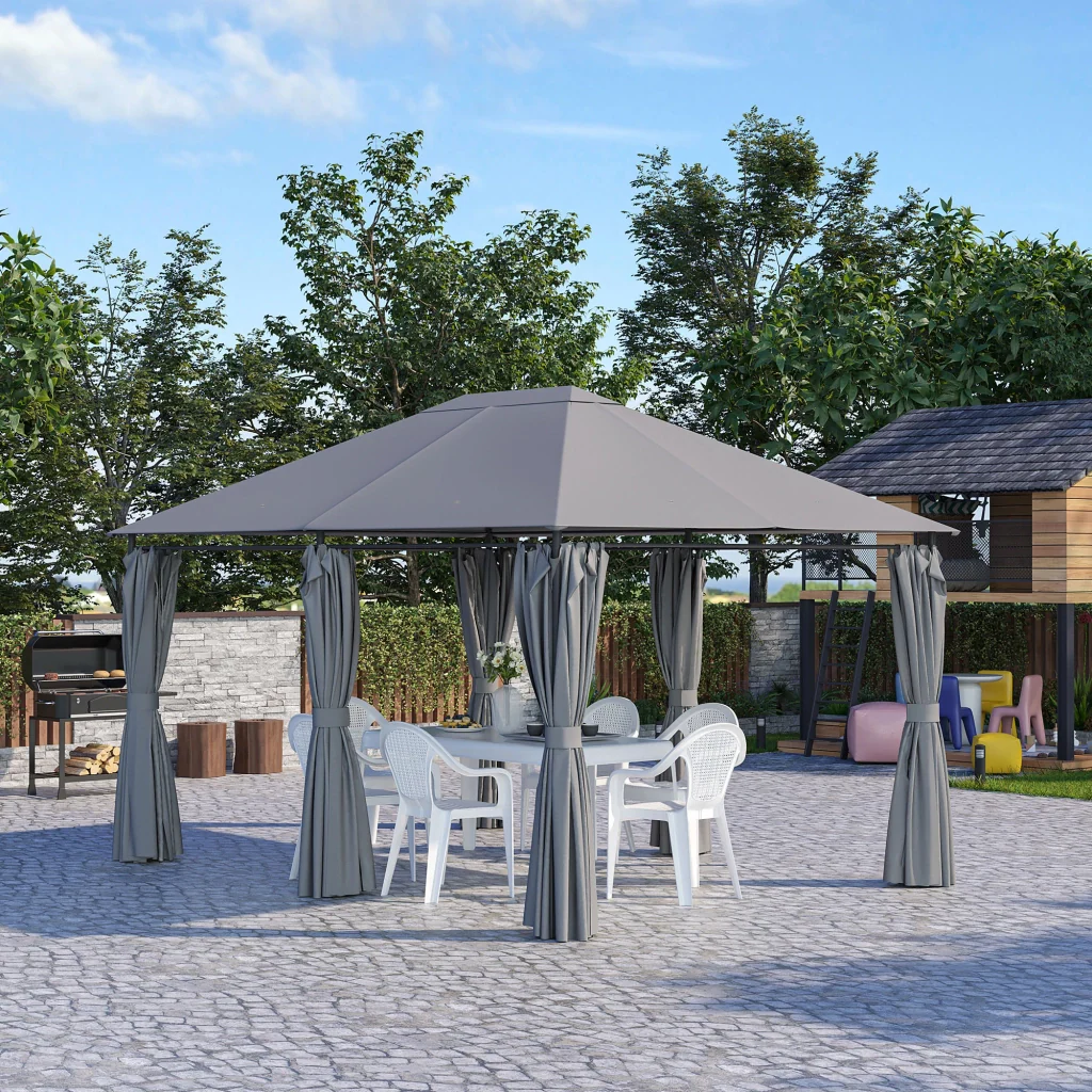 Gazebo 3x4 m con 6 Pareti Rimovibili 8 Fori di Drenaggio e 12 Picchetti in Acciaio e Poliestere Grigio e Nero - Image 2