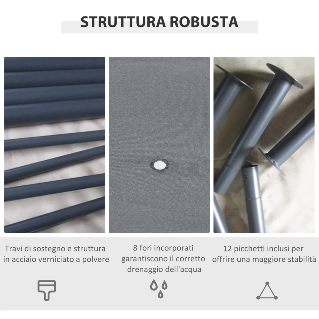 Gazebo 3x4 m con 6 Pareti Rimovibili 8 Fori di Drenaggio e 12 Picchetti in Acciaio e Poliestere Grigio e Nero - Image 4