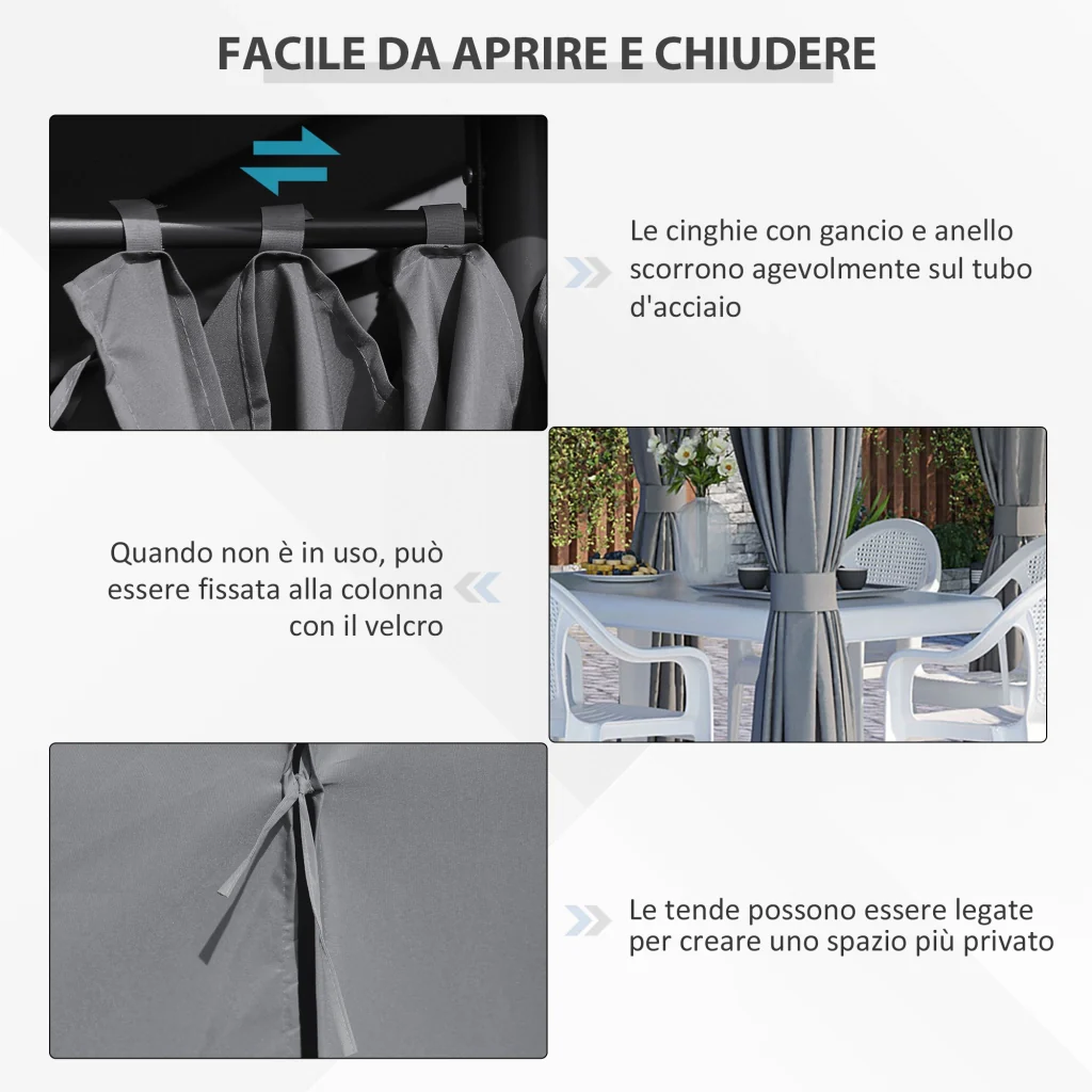Gazebo 3x4 m con 6 Pareti Rimovibili 8 Fori di Drenaggio e 12 Picchetti in Acciaio e Poliestere Grigio e Nero - Image 5