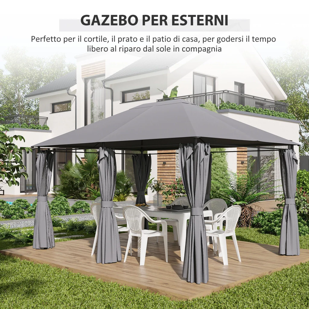 Gazebo 3x4 m con 6 Pareti Rimovibili 8 Fori di Drenaggio e 12 Picchetti in Acciaio e Poliestere Grigio e Nero - Image 6