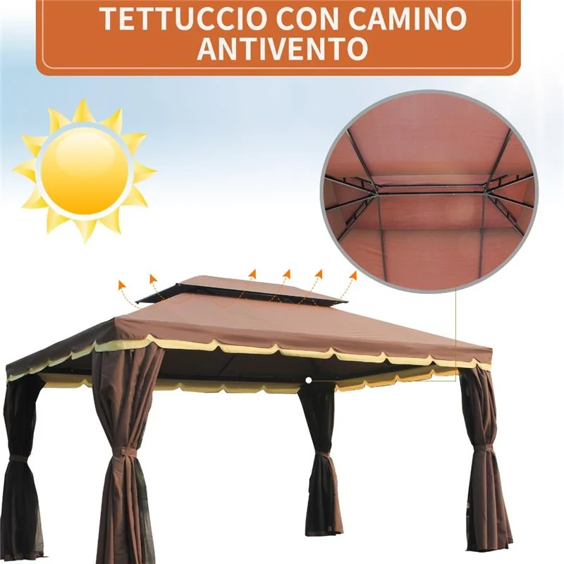 GAZEBO CON DOPPIO TETTO E ZANZARIERA IN POLIESTERE 2.9 X 3.9 M CAFFÈ - Image 4