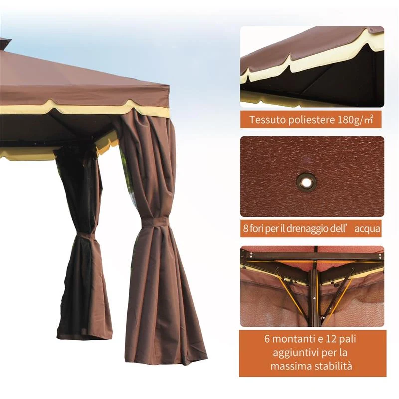 GAZEBO CON DOPPIO TETTO E ZANZARIERA IN POLIESTERE 2.9 X 3.9 M CAFFÈ - Image 6