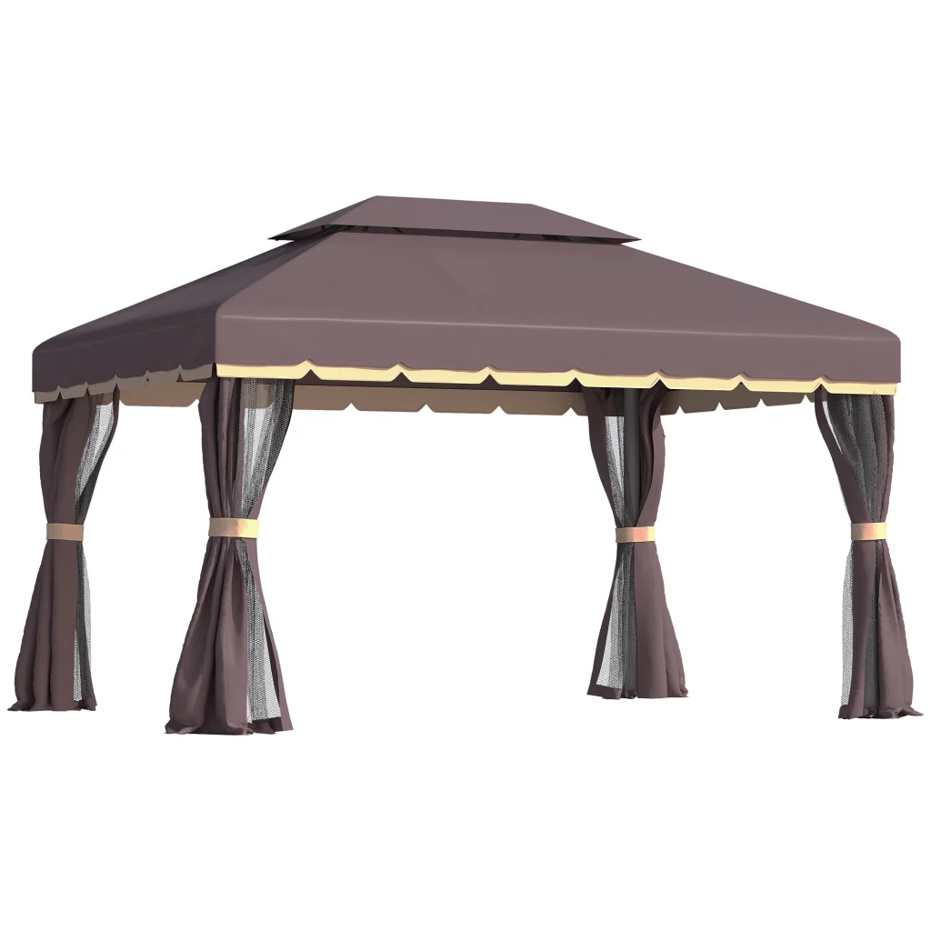 Gazebo da Giardino con Doppio Tetto e Zanzariera in Poliestere Caffè 2.9x3.9m