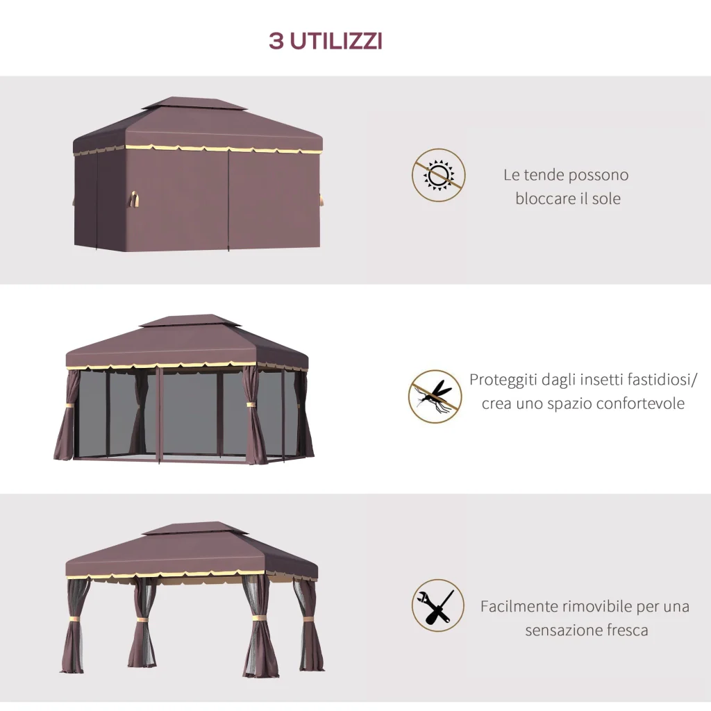 Gazebo da Giardino con Doppio Tetto e Zanzariera in Poliestere Caffè 2.9x3.9m - Image 4