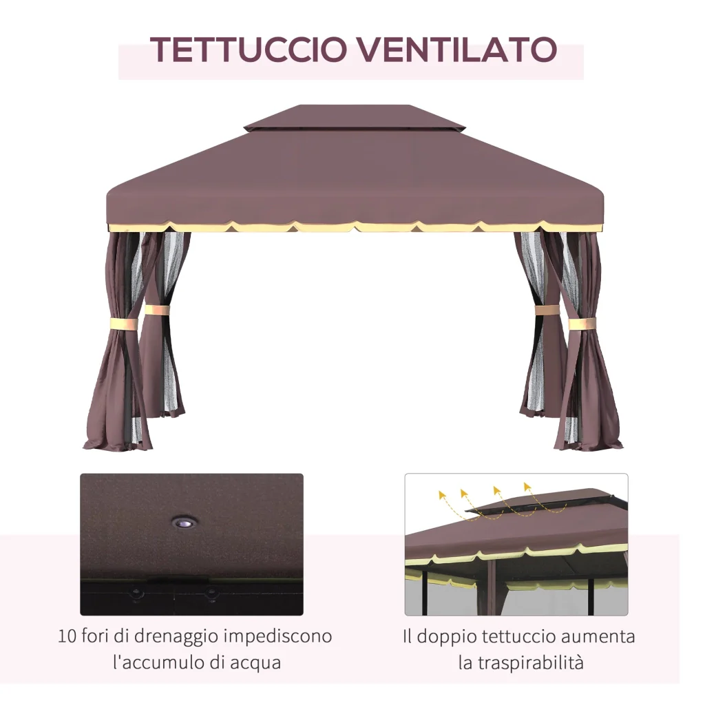 Gazebo da Giardino con Doppio Tetto e Zanzariera in Poliestere Caffè 2.9x3.9m - Image 5