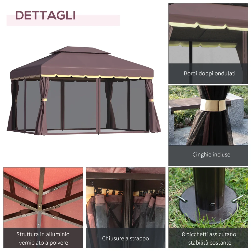 Gazebo da Giardino con Doppio Tetto e Zanzariera in Poliestere Caffè 2.9x3.9m - Image 6