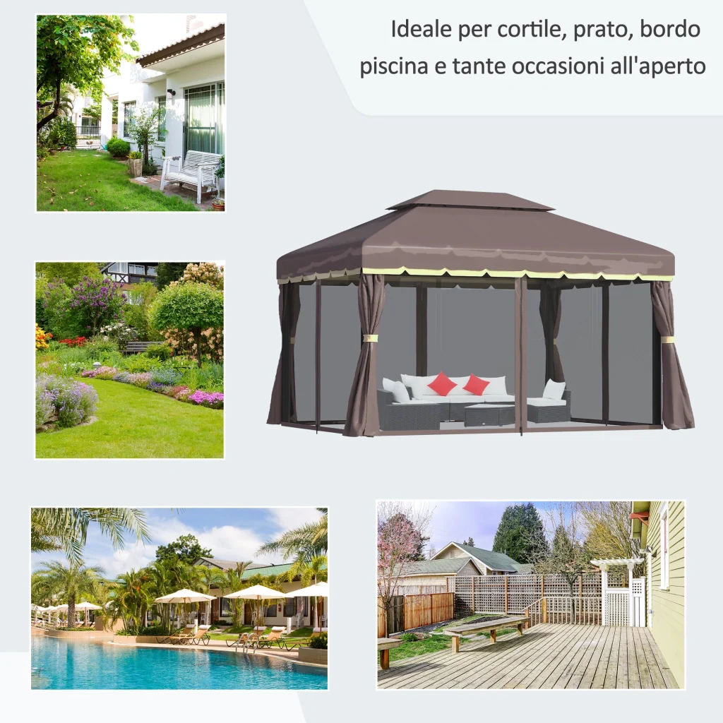 Gazebo da Giardino con Doppio Tetto e Zanzariera in Poliestere Caffè 2.9x3.9m - Image 7