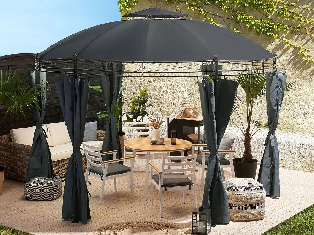Gazebo Tessuto Grigio Scuro Telaio Acciaio Nero Rotondo 368 cm Tende da Giardino - Image 4