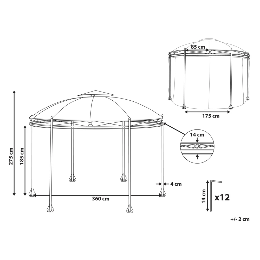 Gazebo Tessuto Grigio Scuro Telaio Acciaio Nero Rotondo 368 cm Tende da Giardino - Image 5
