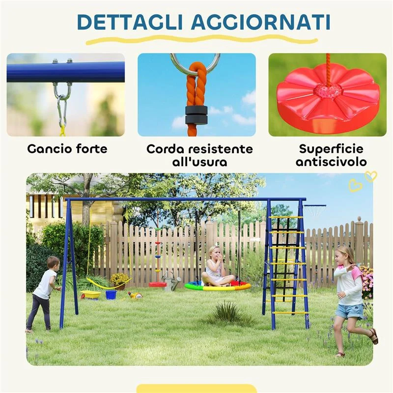 GIOCO PER BAMBINI 3-8 ANNI CON 3 ALTALENE SCALA A CORDA E CANESTRO BASKET IN ACCIAIO PE E PP 3.5X1.8X2 M - Image 6