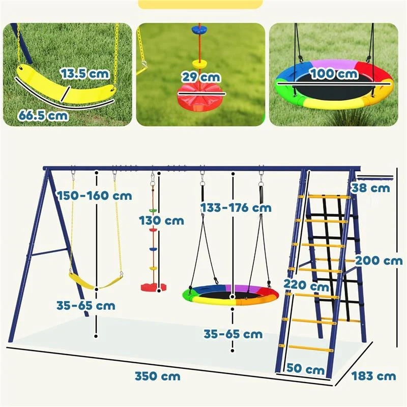GIOCO PER BAMBINI 3-8 ANNI CON 3 ALTALENE SCALA A CORDA E CANESTRO BASKET IN ACCIAIO PE E PP 3.5X1.8X2 M - Image 8