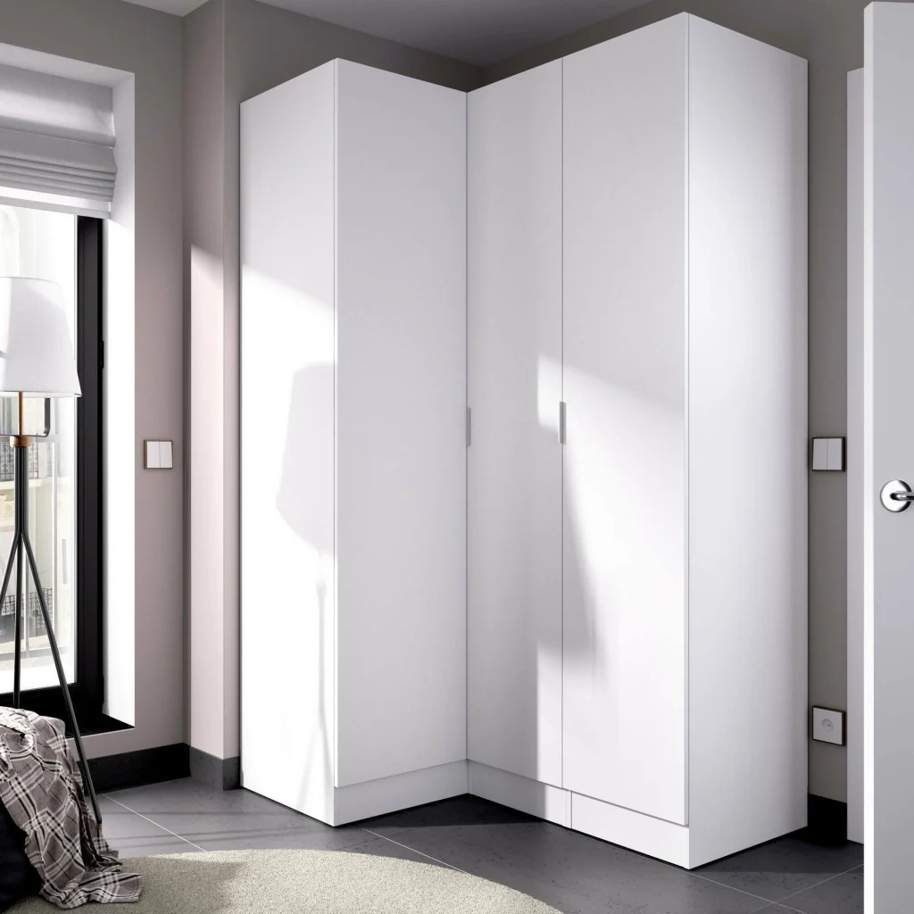 Guardaroba Australia, Mobile angolare per camera da letto, Armadio appendiabiti ad angolo a 3 ante battenti, 133x91h184 cm, Bianco - Image 4
