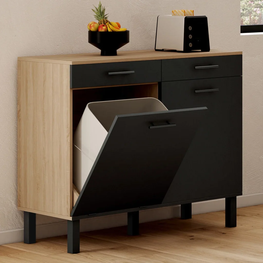 IDMarket - Credenza bassa con cestino 100 cm Piano di lavoro CINA H.83 cm 2 ante + cassetti finitura faggio e nero - Image 2