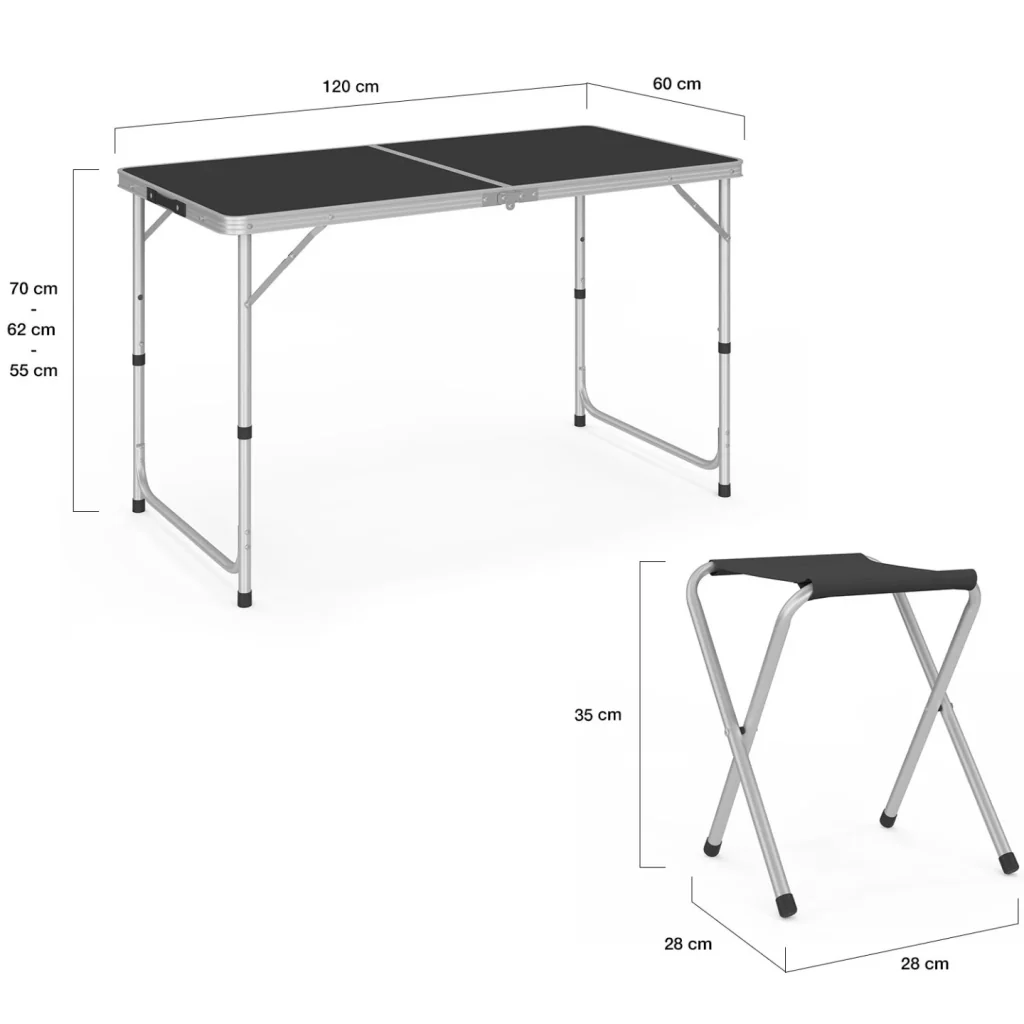 IDMarket - Tavolo da campeggio pieghevole regolabile in altezza da 120 cm e 4 sgabelli neri - Image 3