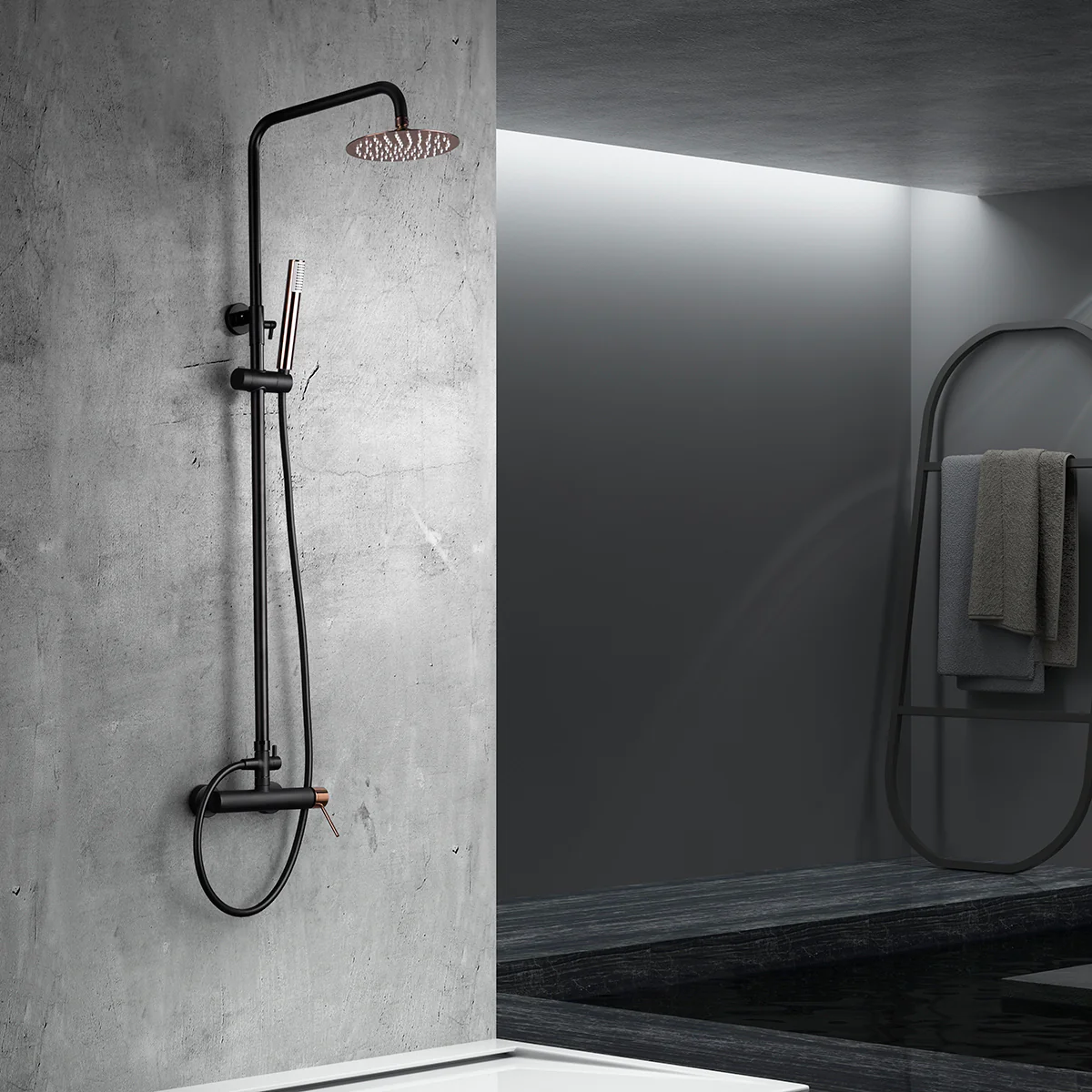 IMEX Colonna doccia miscelatore monocomando nero-oro rosa in ottone nero opaco e acciaio inox S304 con soffione tondo Ø20 cm anticalcare asta estensibile 95-1325 cm doccetta monoposizione cartucci
