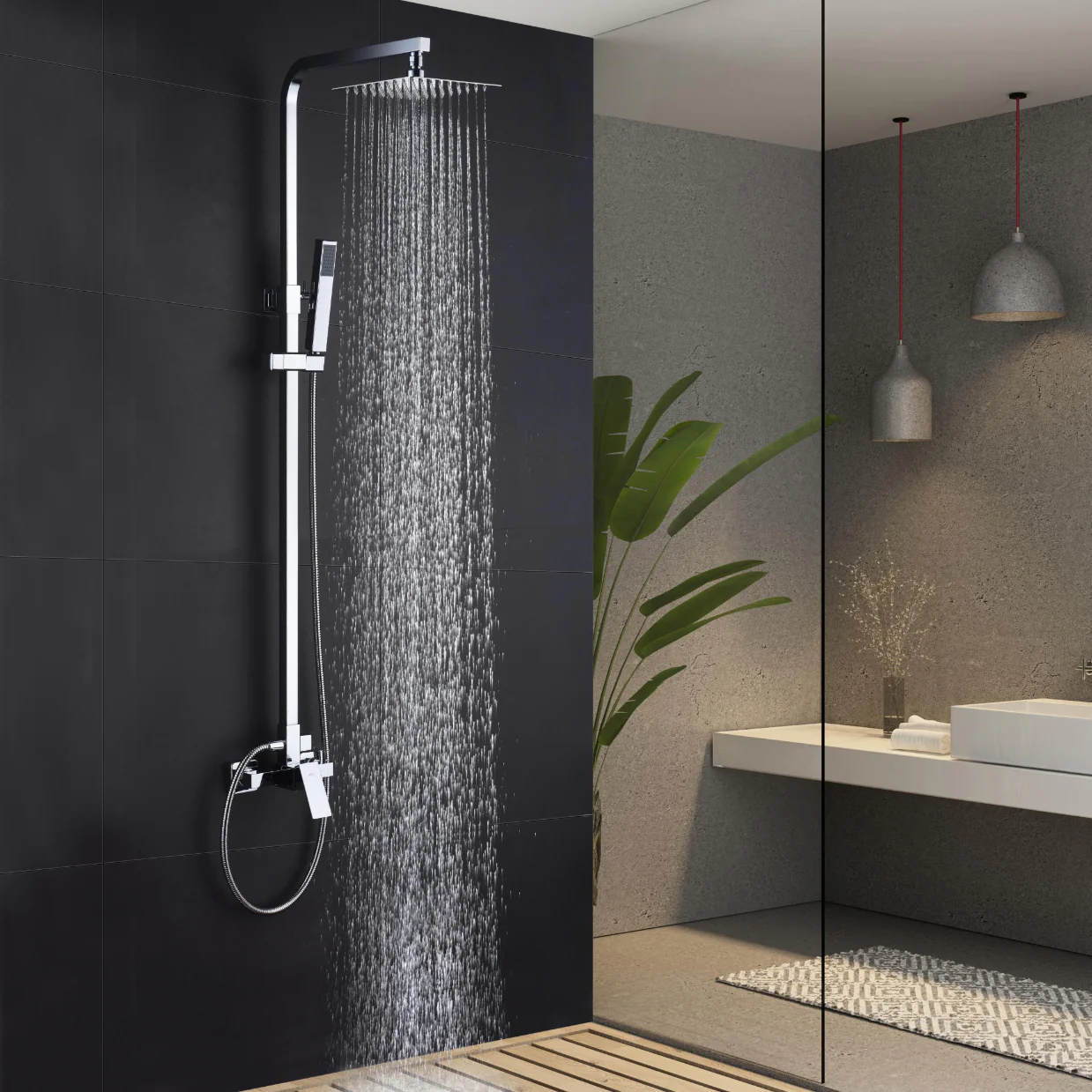 IMEX Set doccia miscelatore cromato in acciaio e ottone con asta estensibile 92-136 cm soffione quadrato 20x20 cm extrapiatto anticalcare cartuccia ceramica Ø35 mm flessibile 15 m modello Imex-BD