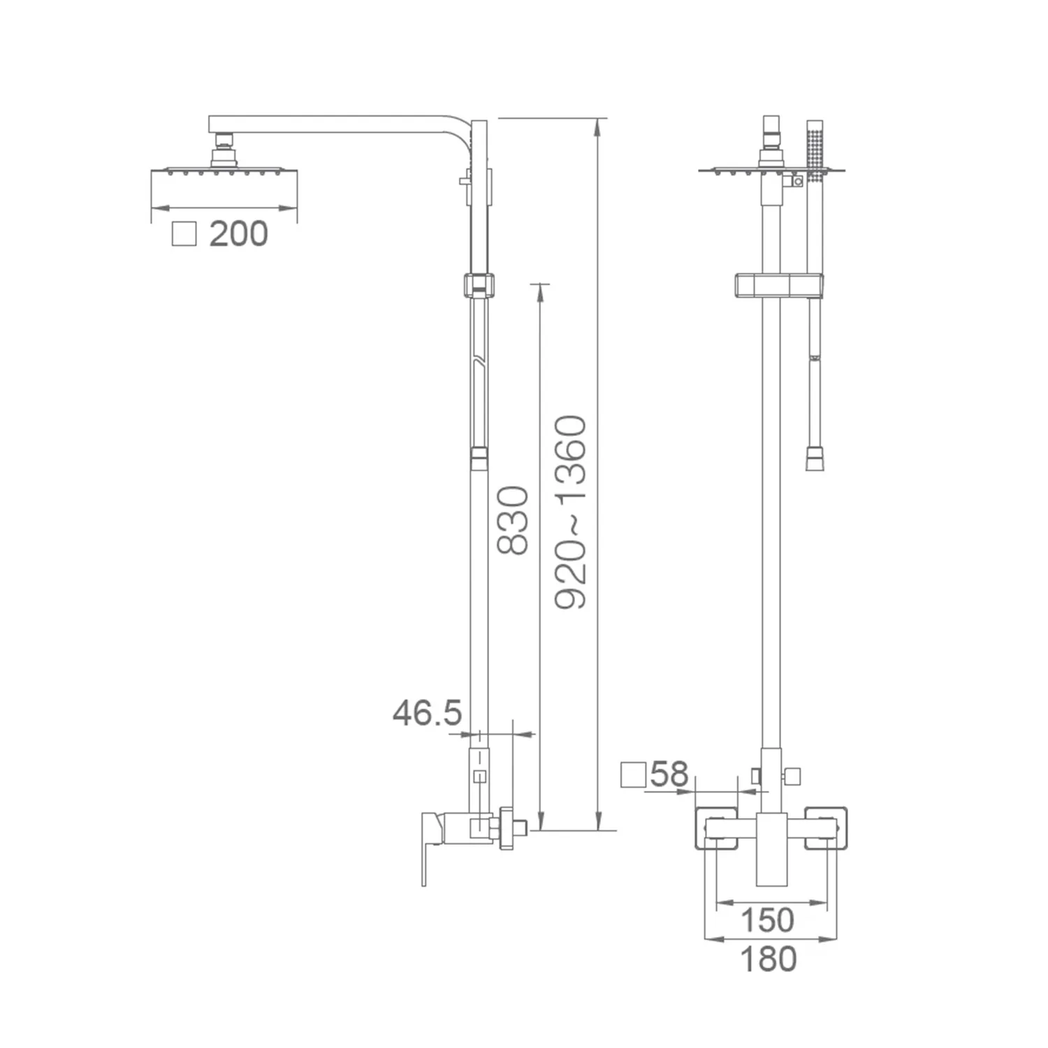 IMEX Set doccia miscelatore cromato in acciaio e ottone con asta estensibile 92-136 cm soffione quadrato 20x20 cm extrapiatto anticalcare cartuccia ceramica Ø35 mm flessibile 15 m modello Imex-BD - Image 3