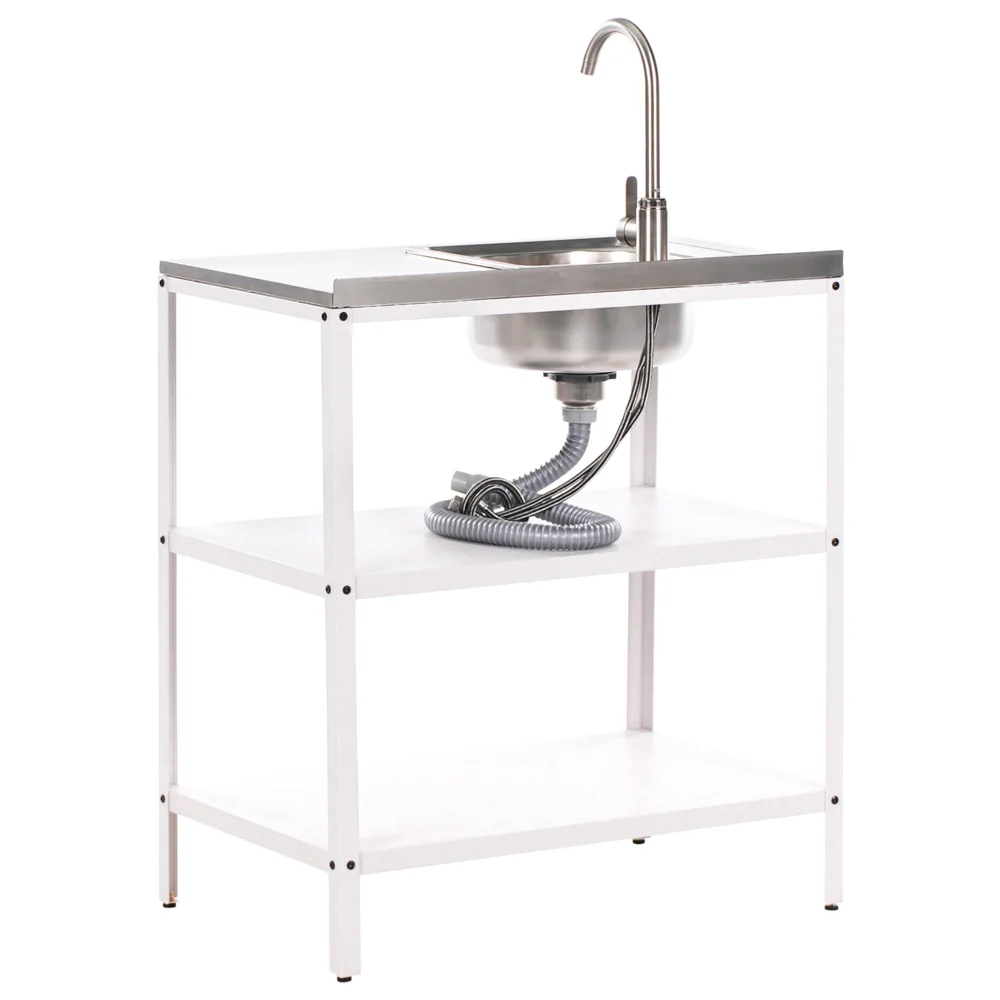 Isola cucina da esterno con lavello in acciaio inox bianco 80 x 50 x 92 cm Bocca a leva singola 2 ripiani con top Cucina da giardino da pranzo - Image 3