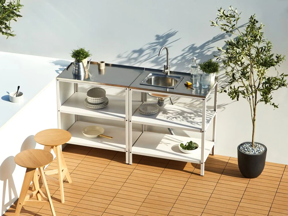 Isola cucina da esterno con lavello in acciaio inox bianco 80 x 50 x 92 cm Bocca a leva singola 2 ripiani con top Cucina da giardino da pranzo - Image 4