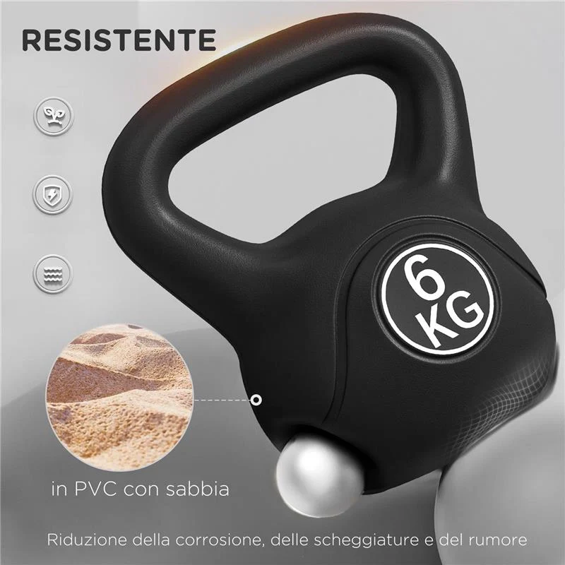 KETTLEBELL 6KG IN PLASTICA E SABBIA CON BASE PIATTA E IMPUGNATURA, 20X13X22 CM, NERO - Image 5