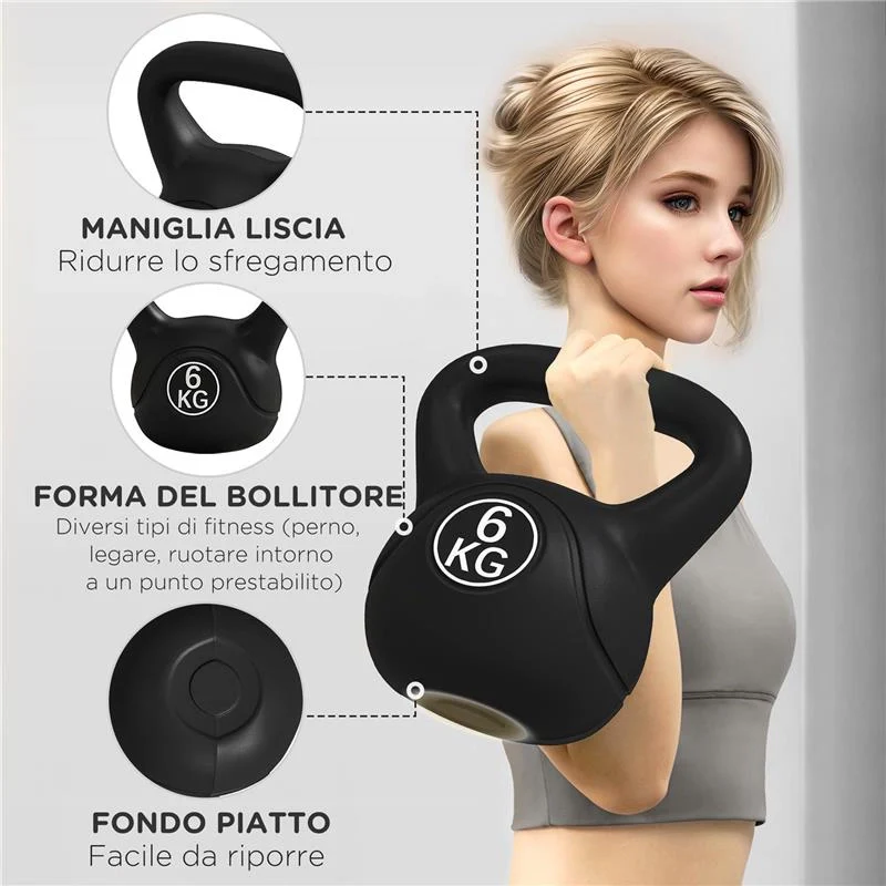 KETTLEBELL 6KG IN PLASTICA E SABBIA CON BASE PIATTA E IMPUGNATURA, 20X13X22 CM, NERO - Image 8