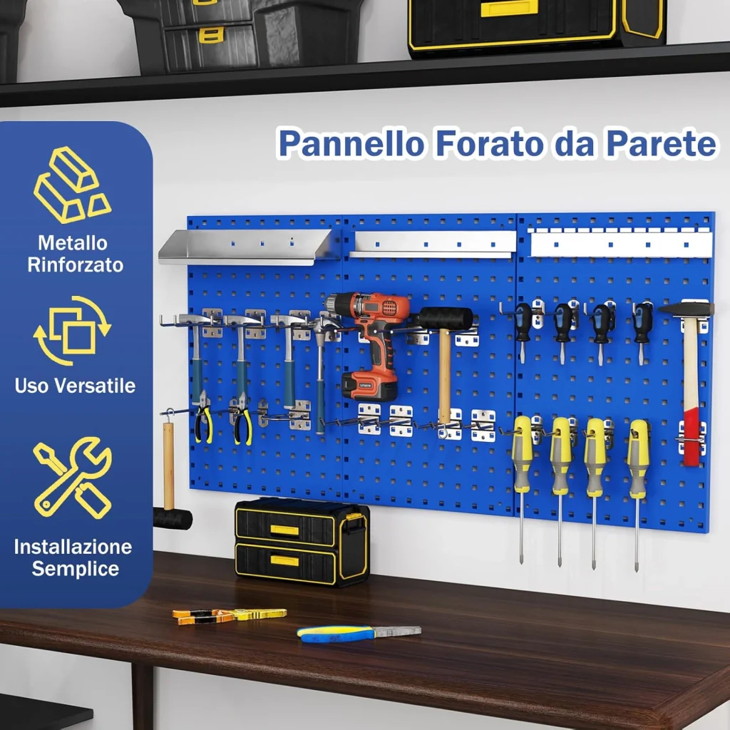 Kit 3 Pannelli Porta Attrezzi da Parete 60 x 40 cm, Pannello Forato Portaoggetti con 24 Ganci e Supporti, Pannello Portautensili per Officina e Garage (Blu) - Image 2